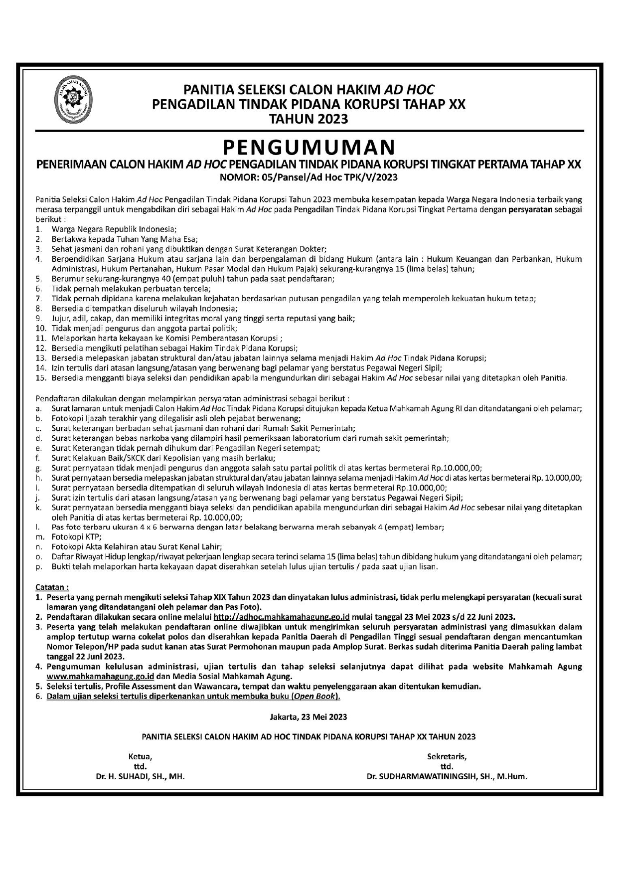   PENGUMUMAN PENERIMAAN CALON HAKIM AD HOC PENGADILAN TINDAK PIDANA KORUPSI TINGKAT PERTAMA TAHAP XX